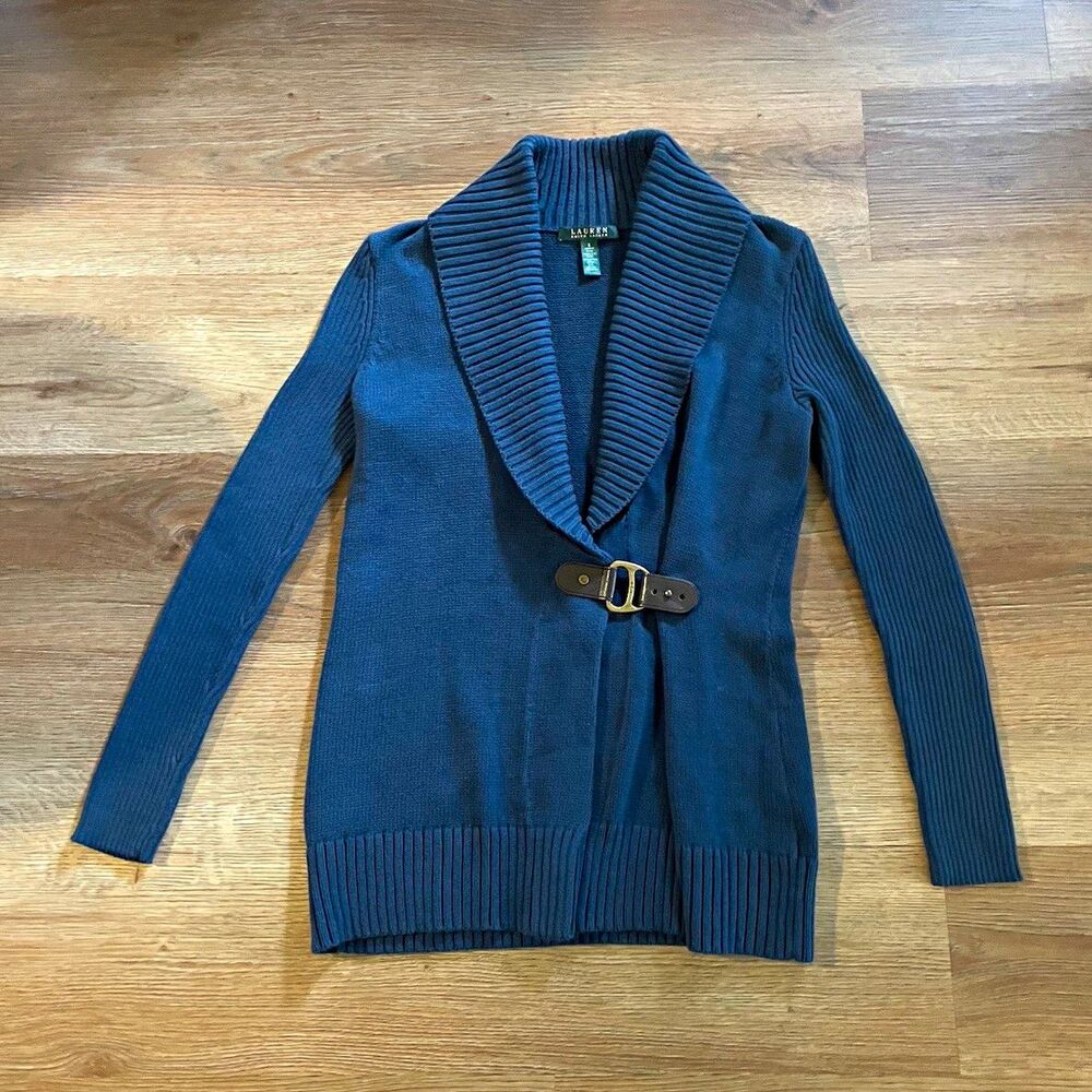Lauren Ralph Lauren Women's Dark Teal Blue Rib-Knit Buckle  Shawl Neck Cardigan